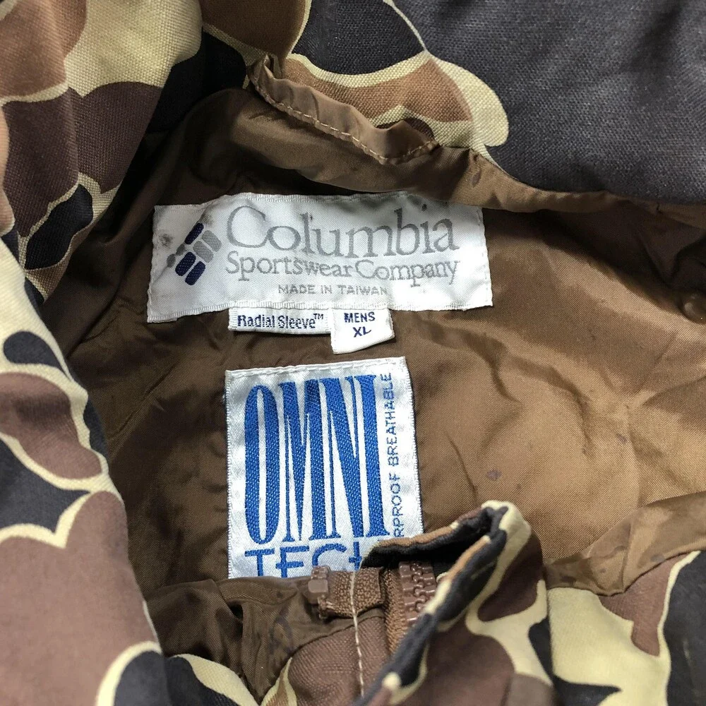 Vintage Columbia Jacket Mens XL Brown Camo Canvas Parka Omni-Tech Radial Sleeve